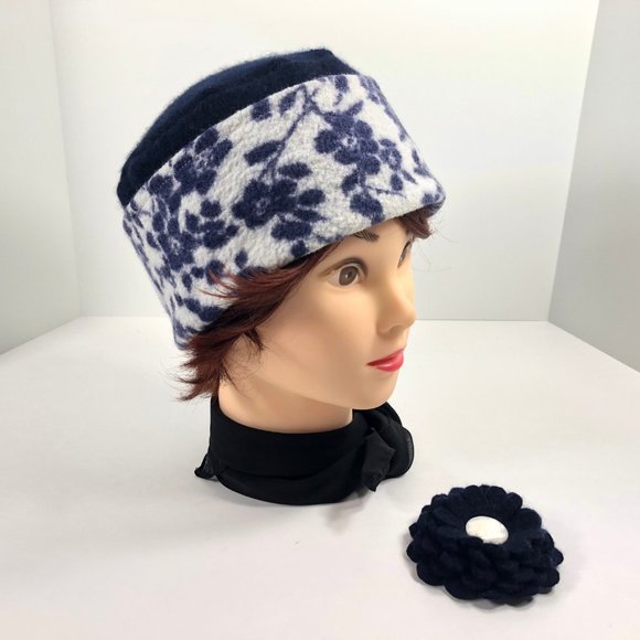 Navy Floral Cashmere Sweater Hat & Flower Pin - Picture 6 of 9